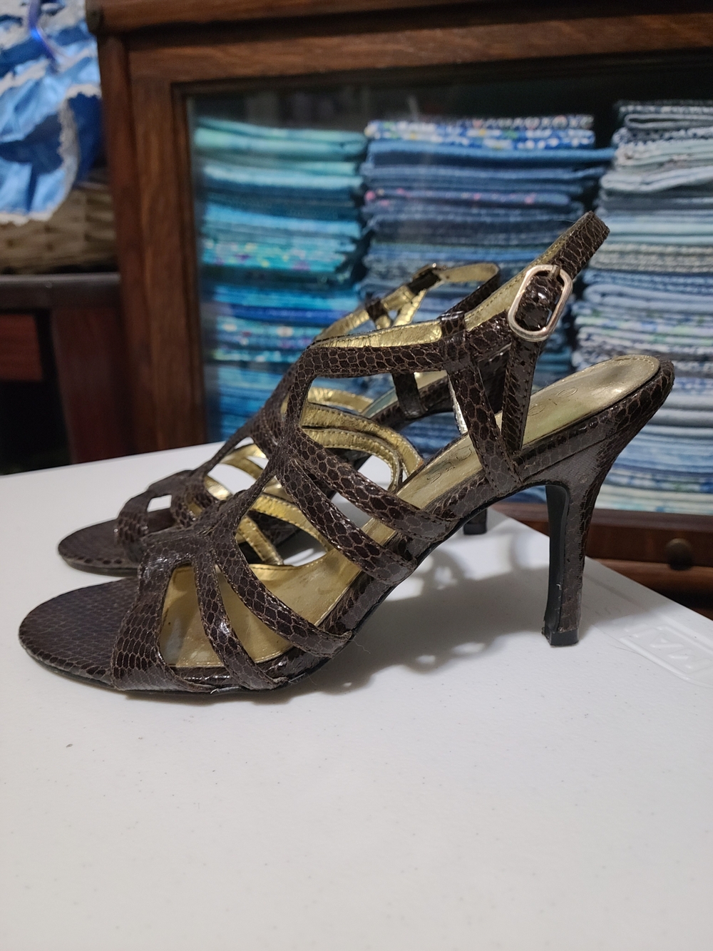 Brown Strappy High Heel Sandals with Snakeskin Texture
